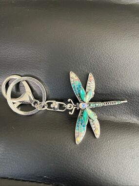 Dragonfly Crystal Keychain Charm in Teal and Silver